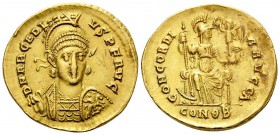 Arcadius, 383-408. Solidus (Gold, 20 mm, 4.48 g, 6 h), Constantinople, 1st officina (A), 397-402. D N ARCADI - VS P F AVG Helmeted, diademed and cuira...