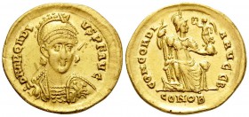 Arcadius, 383-408. Solidus (Gold, 20 mm, 4.29 g, 6 h), Constantinople, 2nd officina (B), 397-402. D N ARCADI - VS P F AVG Helmeted, diademed and cuira...