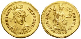 Arcadius, 383-408. Solidus (Gold, 20.5 mm, 4.48 g, 5 h), Constantinople, 4th officina (Δ), 397-402. D N ARCADI - VS P F AVG Helmeted, diademed and cui...