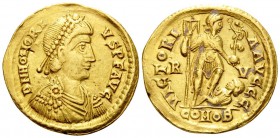 Honorius, 393-423. Solidus (Gold, 21 mm, 4.44 g, 5 h), Ravenna, 402-406. D N HONORIVS P F AVG Pearl-diademed, draped and cuirassed bust of Honorius to...