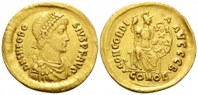 Theodosius I, 379-395. Solidus (Gold, 21 mm, 4.41 g, 12 h), Decennalia issue, Constantinople, 2nd officina (B), 388-392. D N THEODO-SIVS P F AVG Pearl...