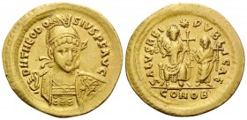 Theodosius I, 379-395. Solidus (Gold, 21.5 mm, 4.39 g, 6 h), Constantinople, 425. D N THEODOSIVS P F AVG Helmeted, diademed and cuirassed bust of Theo...