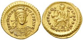 Theodosius II, 402-450. Solidus (Gold, 21 mm, 4.48 g, 7 h), Constantinople, 6th officina (ς), 430-440. D N THEODO-SIVS P F AVG Pearl-diademed, helmete...