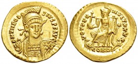 Theodosius II, 402-450. Solidus (Gold, 21.5 mm, 4.47 g, 7 h), Constantinople, 1st officina, 430-440. D N THEODO-SIVS P F AVG Pearl-diademed, helmeted ...