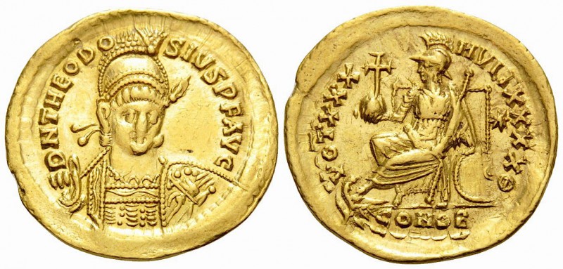 Theodosius II, 402-450. Solidus (Gold, 21.5 mm, 4.45 g, 6 h), Constantinople, 9t...