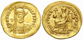 Theodosius II, 402-450. Solidus (Gold, 21.5 mm, 4.45 g, 6 h), Constantinople, 9th officina (Θ), 430-440. D N THEODO-SIVS P F AVG Pearl-diademed, helme...