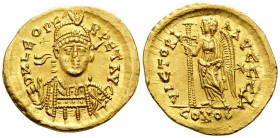 Leo I, 457-474. Solidus (Gold, 21.5 mm, 4.49 g, 5 h), Constantinople, 4th officina (Δ), 462 or 466. D N LEO PERPET AVG Helmeted, diademed and cuirasse...