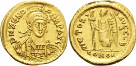 Zeno, second reign, 476-491. Solidus (Gold, 19.5 mm, 4.47 g, 6 h), Constantinople, 2nd officina (B). D N ZENO PERP AVG Helmeted, diademed and cuirasse...