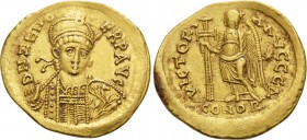 Zeno, second reign, 476-491. Solidus (Gold, 21 mm, 4.50 g, 6 h), Constantinople, 4th officina (Δ). D N ZENO PERP AVG Helmeted, diademed and cuirassed ...