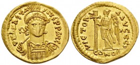 Anastasius I, 491-518. Solidus (Gold, 20.5 mm, 4.45 g, 6 h), Constantinople, 10th officina (I), 492-507. D N ANASTA-SIVS P P AVG Helmeted and cuirasse...