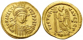 Anastasius I, 491-518. Solidus (Gold, 20.5 mm, 4.46 g, 5 h), Constantinople, 3rd officina (Γ), 492-507. D N ANASTA-SIVS P P AVC Diademed, helmeted and...