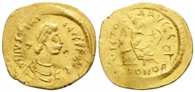 Justinian I, 527-565. Semissis (Gold, 17.5 mm, 2.15 g, 6 h), Constantinople mint. D N IVSTINIANVS P P AVG Victory seated right, inscribing shield set ...