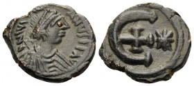 Justinian I, 527-565. Pentanummium (Bronze, 15 mm, 2.32 g, 6 h), Theoupolis (Antioch), 551-556. D N IVSTINI - ANVS P P AVC Diademed, draped and cuiras...