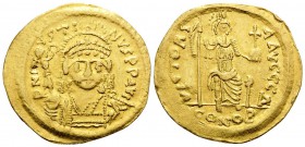 Justin II, 565-578. Solidus (Gold, 20.5 mm, 4.35 g, 7 h), Constantinople, 4th officina (Δ). D N IVSTI-NVS PP AVI Diademed, helmeted and cuirassed bust...
