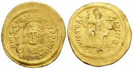 Justin II, 565-578. Solidus (Gold, 21 mm, 4.39 g, 6 h), Constantinople, 9th officina (Θ), 567-578. D N IVSTINVS PP AVI Diademed, helmeted and cuirasse...