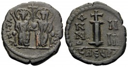 Justin II, with Sophia, 565-578. (Bronze, 19 mm, 2.73 g, 6 h), Dekanummion, Theoupolis (Antiochia), year 5 = 569-570. VNITA - IVSTI Justin II, on left...