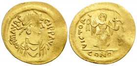 Maurice Tiberius, 582-602. Semissis (Gold, 19 mm, 2.23 g, 5 h), Constantinople, 583/4-602. D N MAVRI-CI P P AVC Diademed, draped and cuirassed bust of...