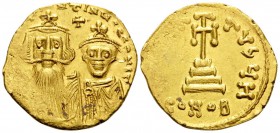 Constans II, with Constantine IV, 641-668. Solidus (Gold, 20 mm, 4.39 g, 6 h), Constantinople, 8th officina (H), 654-659. dN CONSTANTINUS C CONSTANTIN...