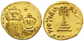 Constans II, with Constantine IV, 641-668. Solidus (Gold, 19 mm, 4.31 g, 7 h), Constantinople, 5th officina (E), 654-659. dN CONSTANTINUS C CONSTANTIN...