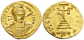 Constantine IV Pogonatus, 668-685. Solidus (Gold, 19.5 mm, 4.46 g, 5 h), Constantinople, 681-685. P CONST-ANЧ -S P P A ( second S retrograde ) Helmete...