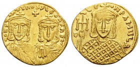 Constantine V Copronymus, with Leo IV, 741-775. Solidus (Gold, 20.5 mm, 4.41 g, 6 h), Constantinople, 757-775. COҺSτAҺτIҺOS S LЄOҺ O ҺЄOS (last S vert...