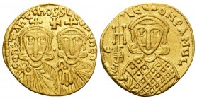 Constantine V Copronymus, with Leo IV, 741-775. Solidus (Gold, 20.5 mm, 4.43 g, 5 h), Constantinople, 757-775. COҺSτAҺτIҺOS S LЄOҺ O ҺЄO' Crowned, equ...