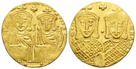 Leo IV the Khazar, with Constantine VI, 775-780. Solidus (Gold, 21 mm, 4.47 g, 6 h), Constantinople, 778-780. LЄOҺ VSSЄqqOҺ COҺSτAҺτI O ҺЄOS (last S v...