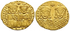 Leo IV the Khazar, with Constantine VI, 775-780. Solidus (Gold, 22 mm, 4.39 g, 6 h), Constantinople, 778-780. LЄOҺ VSSЄqqOҺ COҺSτAҺτI O ҺЄOS (last S v...