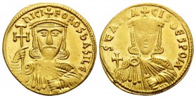 Nicephorus I, with Stauracius, 802-811. Solidus (Gold, 20 mm, 4.49 g, 6 h), Constantinople, 803-811. nICIFOROS bASILЄ’ Crowned, bearded and facing bus...