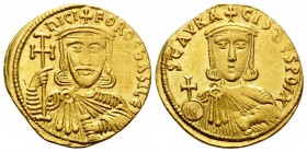 Nicephorus I, with Stauracius, 802-811. Solidus (Gold, 20 mm, 4.45 g, 5 h), Constantinople, 803-811. nICIFOROS bASILЄ’ Crowned, bearded and facing bus...