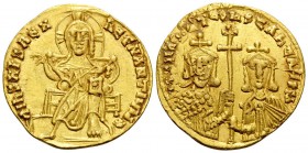 Basil I the Macedonian, with Constantine VII, 867-886. Solidus (Gold, 20 mm, 4.36 g, 6 h), Constantinople, 868-879. +IҺS XRS REX RЄGNANTIЧM* Christ, n...