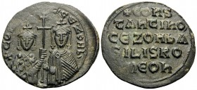 Constantine VII Porphyrogenitus, with Zoe, 913-959. Follis (Copper, 27 mm, 5.82 g, 5 h), Constantinople, 914-919. +COҺ[STAҺT'] CЄ ZOH b' Crowned half-...