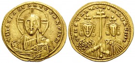 Constantine VII Porphyrogenitus, with Romanus II, 913-959. Solidus (Gold, 21 mm, 4.41 g, 6 h), Constantinople mint, 945-959. +IhS XPS REX REGNANTIЧm F...