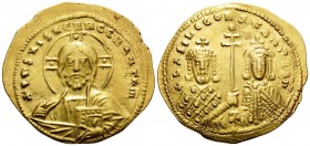 Basil II Bulgaroktonos, with Constantine VIII, 976-1025. Histamenon nomisma (Gold, 24 mm, 4.36 g, 6 h), Constantinople, 977-989. +IhS XIS REX REGNANTI...
