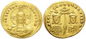 Basil II Bulgaroktonos, with Constantine VIII, 976-1025. Histamenon nomisma (Gold, 24 mm, 4.37 g, 6 h), Constantinople, 989-1001. +IhS XIS REX REGNANT...