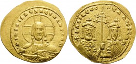 Basil II Bulgaroktonos, with Constantine VIII, 976-1025. Histamenon nomisma (Gold, 25.5 mm, 4.36 g, 6 h), Constantinople, 989-1001. +IhS XIS REX REGNA...