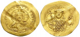 Constantine IX Monomachus, 1042-1055. Histamenon (Gold, 27 mm, 4.23 g, 6 h), Constantinople. +IhC XIC RCX RCSnΛnTIhM Bust of Christ Pantokrator facing...