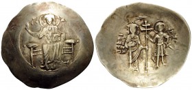 John II Comnenus, 1118-1143. Aspron Trachy (Electrum, 31 mm, 3.75 g, 6 h), Constantinople, 1118-1122 (?). Christ nimbate seated facing on backless thr...