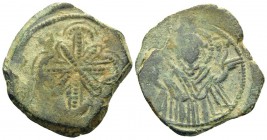 NICAEA. Anonymous, 1227-1261. Tetarteron nomisma (Bronze, 20 mm, 2.78 g, 6 h), Magnesia (?). Decorated cross with lunate ends, over pelleted saltire c...