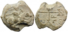 Andreas, Strategos, circa 550-650. Seal (Lead, 21 mm, 8.81 g, 12 h). Rider on horse, advancing to right, wearing hat and mantle; holding scroll in his...