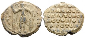 Philaretos Brahamios, Protosebastos and Domesticos of the East, after 1081. Seal or Bulla (Lead, 26 mm, 13.01 g, 12 h). A-ΓI ΘЄ-OΔΩPOC St. Theodore st...