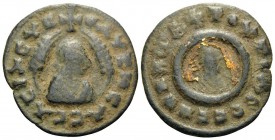 AXUM. Wazeba II, Last quarter of the 4th Century AD. (Bronze, 17 mm, 1.72 g, 1 h), with inlaid gold on the reverse. OYAZHBAC BACILEVC (sic!) Draped bu...