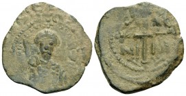 CRUSADERS. Antioch. Tancred, regent, 1101-1112. Follis (Bronze, 23.5 mm, 3.80 g, 5 h), Second type. +KE BOIΘH TO ΔVΛO COV TANKRI or similar Bust of Ta...