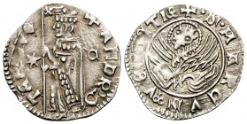 ITALY. Venezia (Venice). Andrea Contarini, 1367-1382. Soldino (Silver, 14.5 mm, 0.48 g, 6 h), 60th Doge. +ANDR'Q'TAR• DVX Doge kneeling left, holding ...