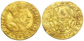 POLAND, Monarchs. Stefan Batory, 1576-1586. Ducat (Gold, 22 mm, 3.46 g, 3 h), Trade coinage, Danzig/Gdansk, J. Göbel, mintmaster, Dated (15)86. STEPHA...