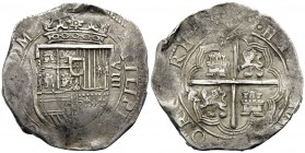 SPAIN, Reino de España. Felipe II el Prudente, 1556-1598. 8 Reales (Silver, 42 mm, 27.38 g, 7 h), Seville mint, 1598 (?). PHILIPPVS II [..]OMNIVM Crow...