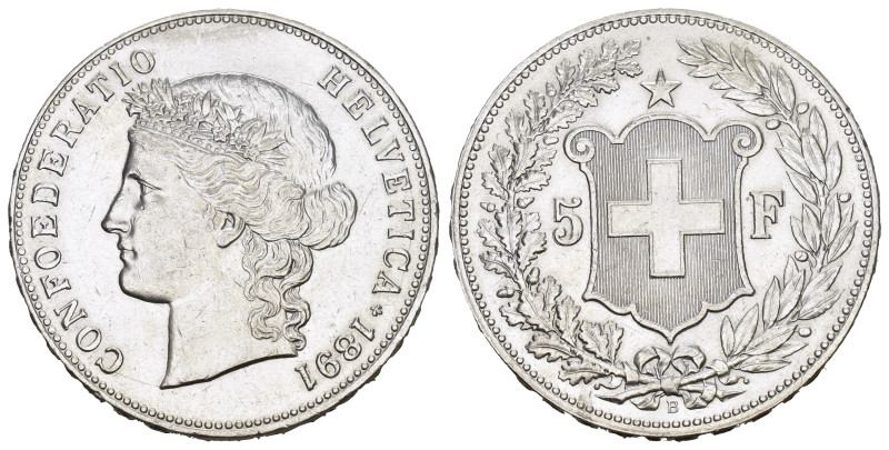 SCHWEIZ. EIDGENOSSENSCHAFT. 5 Franken 1891, Bern. 24.98 g. Divo 135. HMZ 2-1198d...