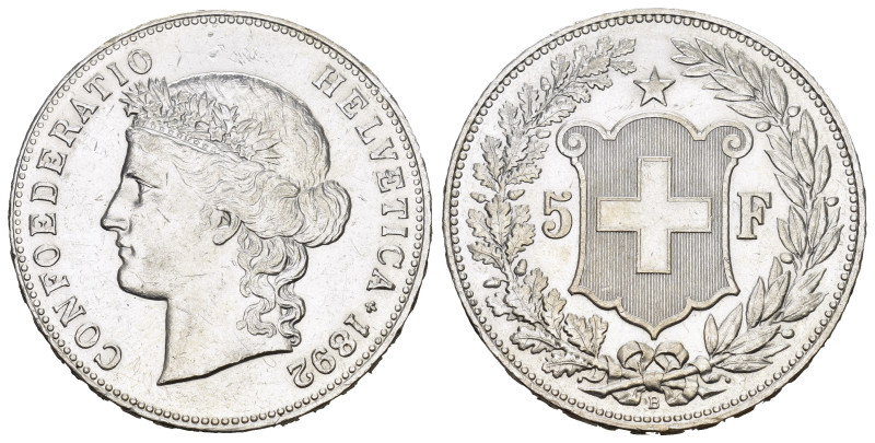 SCHWEIZ. EIDGENOSSENSCHAFT. 5 Franken 1892 Bern. Divo 144. HMZ 2-1198e berieben ...