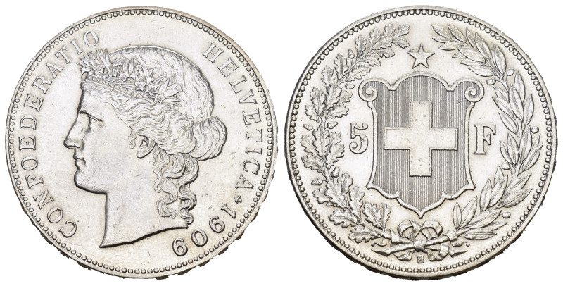 SCHWEIZ. EIDGENOSSENSCHAFT. 5 Franken 1909 Bern. Divo 317. HMZ 2-1198 bis unzirk...