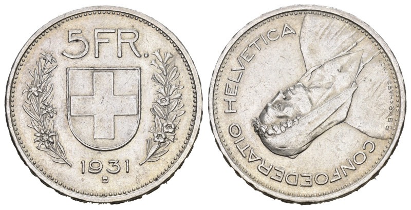 SCHWEIZ. EIDGENOSSENSCHAFT. 5 Franken 1931 Abart 75 Grad verchoben Divo 442. HMZ...